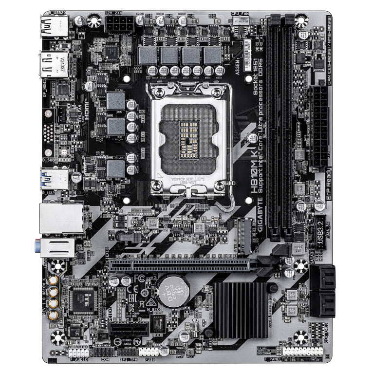 Placa base GIGABYTE H810M K - Procesadores Intel Core Ultra (serie 2). VRM de fase 3+1+2. DDR5 de ata 6400 MHz. 1 x M.2 PCIe 4.0. LAN de 1 GbE. USB 3.2 Gen 1.