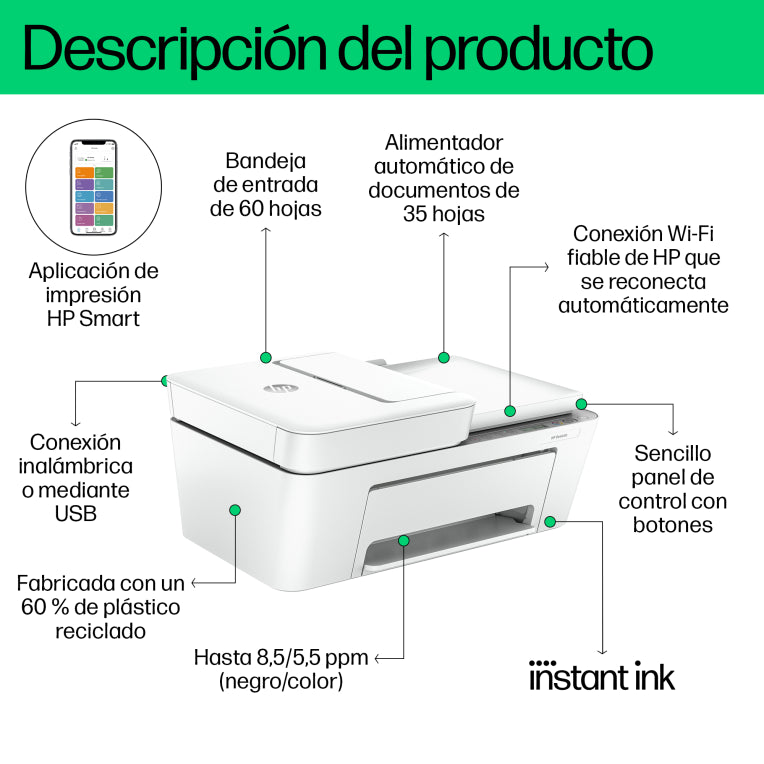 HP DeskJet 4220e Inalámbrico All-in-One Color Impresora. Instant Ink; Fotocopiadora. escáner