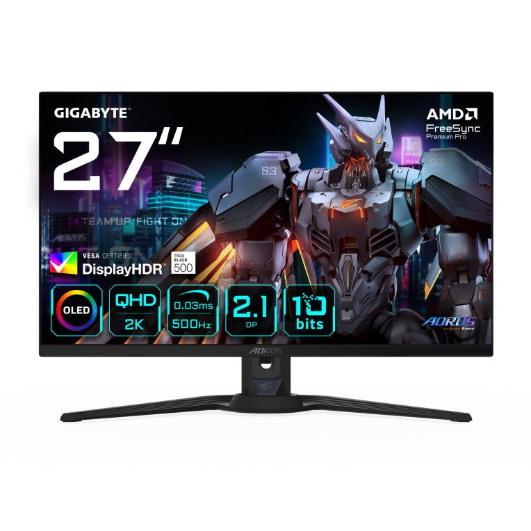 Monitor de xogos GIGABYTE AORUS FO27Q5P OLED QHD - 2560 x 1440. 500 Hz. 0,03 ms. KVM. 300 cd/m². FreeSync Premium Pro. DisplayHDR True Black 500. DisplayPort 2.1