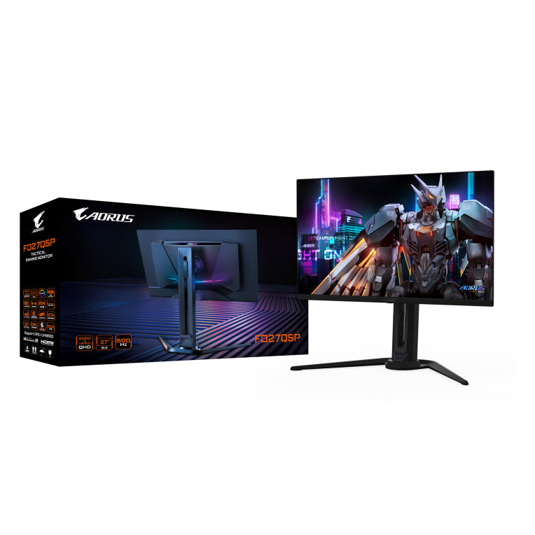 Monitor de xogos GIGABYTE AORUS FO27Q5P OLED QHD - 2560 x 1440. 500 Hz. 0,03 ms. KVM. 300 cd/m². FreeSync Premium Pro. DisplayHDR True Black 500. DisplayPort 2.1
