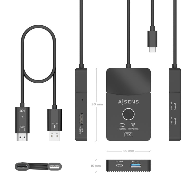 AISENS ASWL-H2KDC30M05-BK base para portátil y replicador de puertos Inalámbrico y alámbrico USB 3.2 Gen 1 (3.1 Gen 1) Type-C