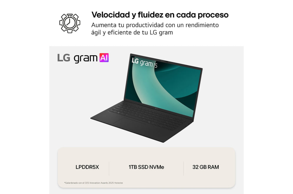 LG Gram 15Z80T-G.AU88B ordenador portatil AMD Ryzen AI 7 350 Portátil 39.6 cm (15.6") Full HD 32 GB LPDDR5x-SDRAM 1 TB SSD Wi-Fi 6E (802.11ax) Windows 11 Home Español Negro