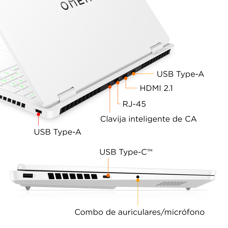 HP OMEN Gaming 16-am0045ns Intel® CoreT i9 i9-14900HX Portátil 40.6 cm (16") 2K 32 GB DDR5-SDRAM 1 TB SSD NVIDIA GeForce RTX 5060 Wi-Fi 6 (802.11ax) FreeDOS Blanco - detalle
