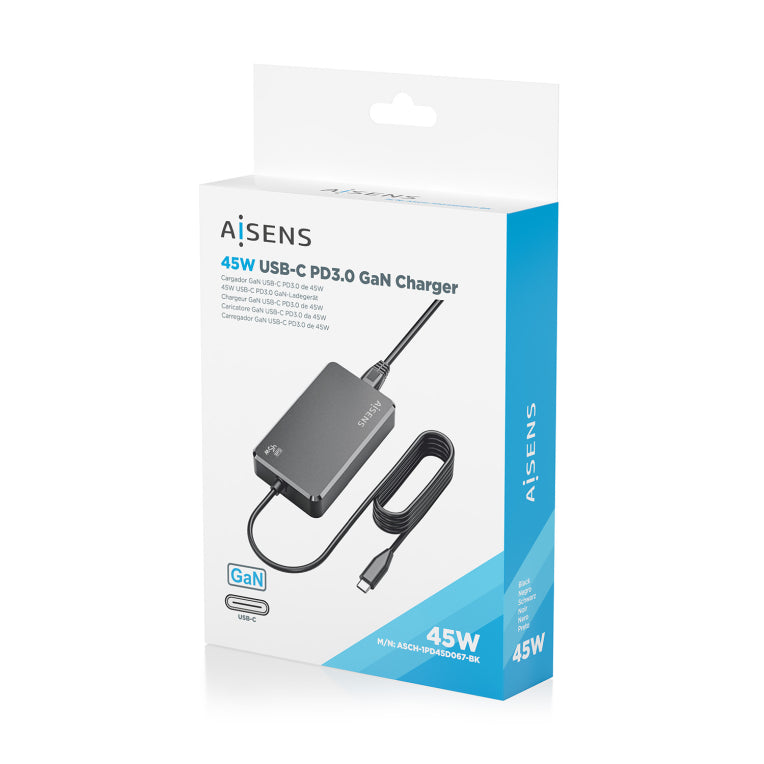AISENS Carregador De Sobretaula GaN 45W PD3.0 1xUSB-C 1.8m. Negre