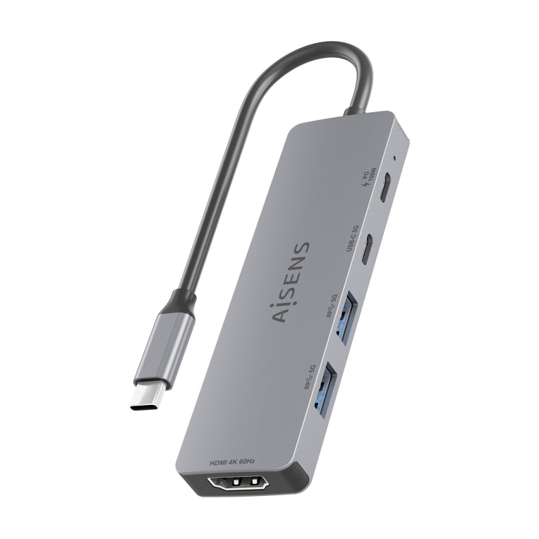 AISENS USB-C Dock 5 en 1. USB-C a 1xHDMI 2xUSB-A 1xUSB-C 1xUSB-C PD. Gris. 15cm