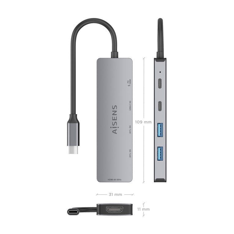 AISENS USB-C Dock 5 en 1. USB-C a 1xHDMI 2xUSB-A 1xUSB-C 1xUSB-C PD. Gris. 15cm