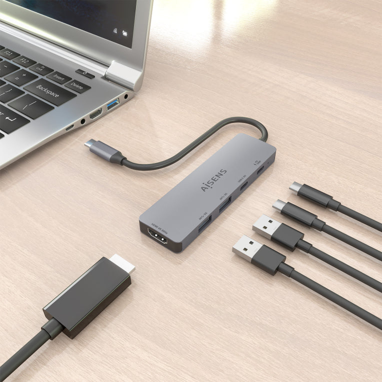 AISENS USB-C Dock 5 en 1. USB-C a 1xHDMI 2xUSB-A 1xUSB-C 1xUSB-C PD. Gris. 15cm