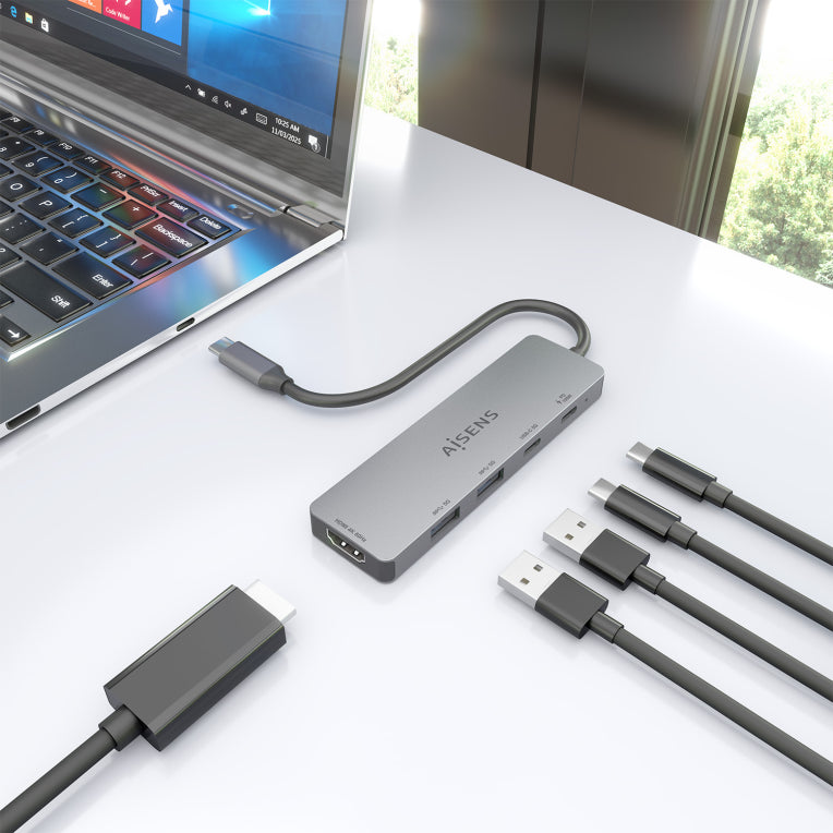 AISENS USB-C Dock 5 en 1. USB-C a 1xHDMI 2xUSB-A 1xUSB-C 1xUSB-C PD. Gris. 15cm