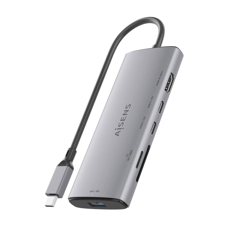 AISENS USB-C Dock 6 en 1. USB-C a 1xHDMI. 1xUSB-A 10G. 2xUSB-C 10G. 1xSD. 1xMicroSD. Gris. 20cm