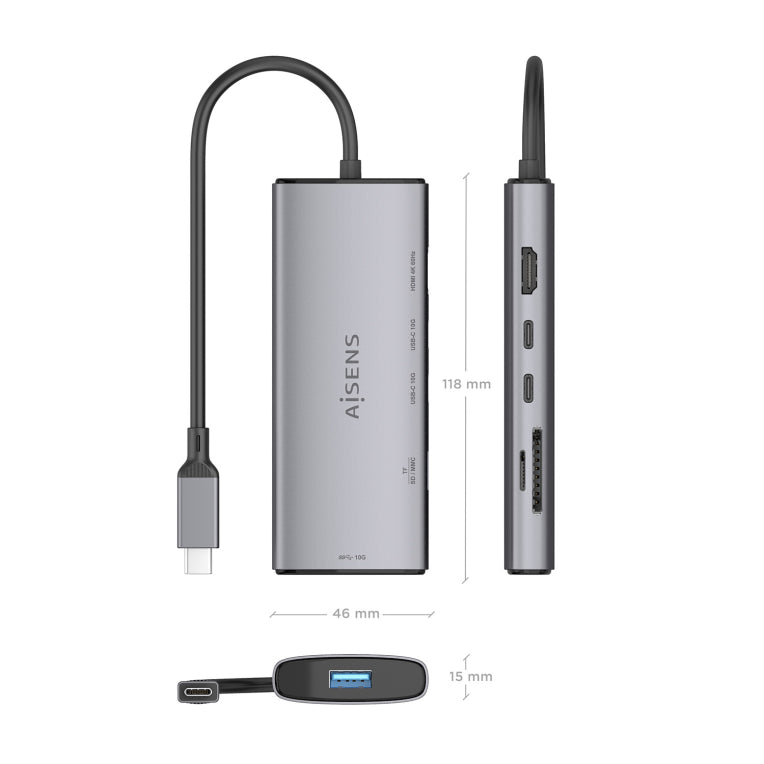 AISENS USB-C Dock 6 en 1. USB-C a 1xHDMI. 1xUSB-A 10G. 2xUSB-C 10G. 1xSD. 1xMicroSD. Gris. 20cm