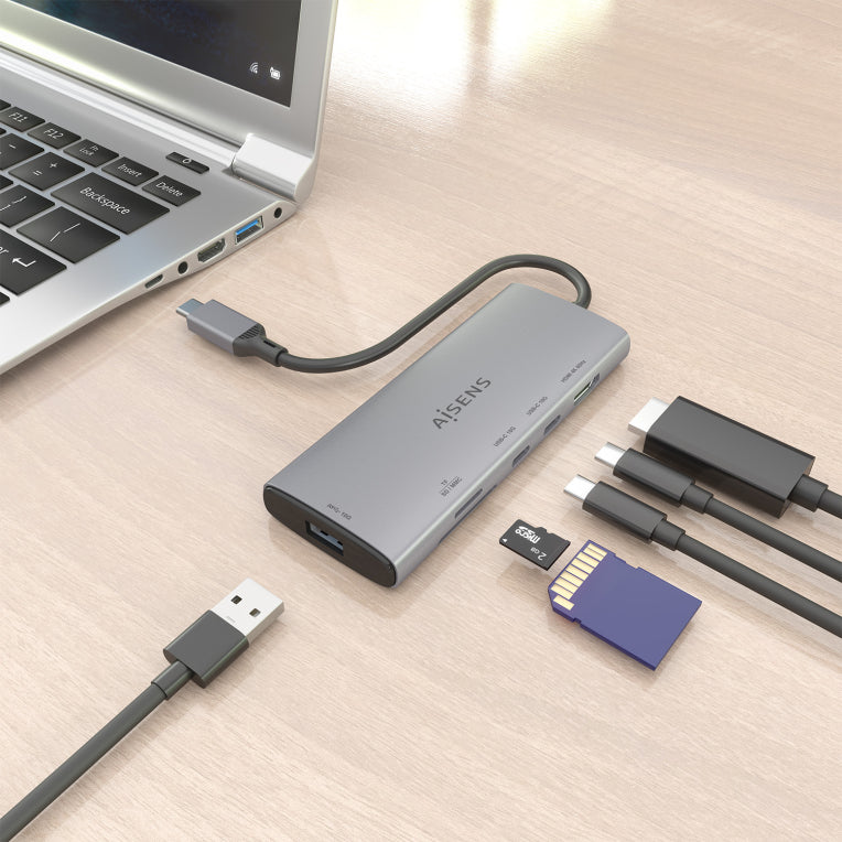 AISENS USB-C Dock 6 en 1. USB-C a 1xHDMI. 1xUSB-A 10G. 2xUSB-C 10G. 1xSD. 1xMicroSD. Gris. 20cm