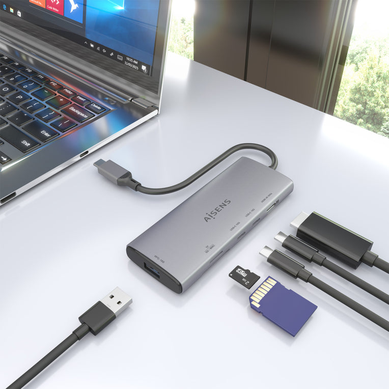 AISENS USB-C Dock 6 en 1. USB-C a 1xHDMI. 1xUSB-A 10G. 2xUSB-C 10G. 1xSD. 1xMicroSD. Gris. 20cm