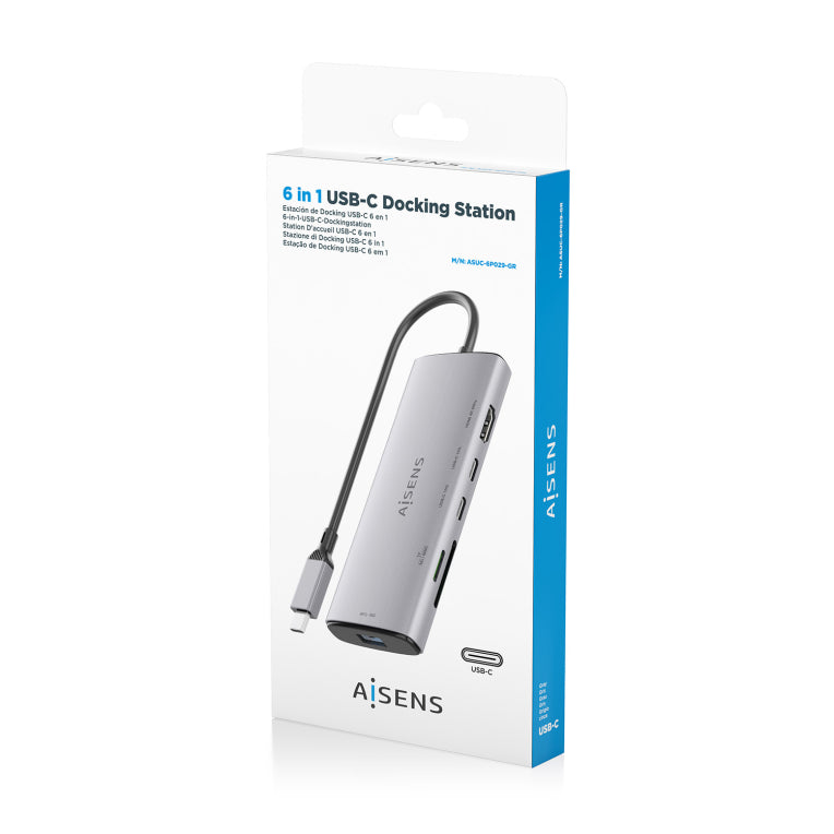 AISENS USB-C Dock 6 en 1. USB-C a 1xHDMI. 1xUSB-A 10G. 2xUSB-C 10G. 1xSD. 1xMicroSD. Gris. 20cm