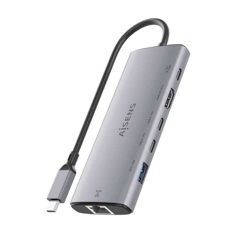 Base de conexión USB-C AISENS 6 en 1. USB-C a 1xHDMI. 1xRJ45. 1xUSB-A 10G. 2xUSB-C 10G. 1xUSB-C PD. Gris. 20 cm
