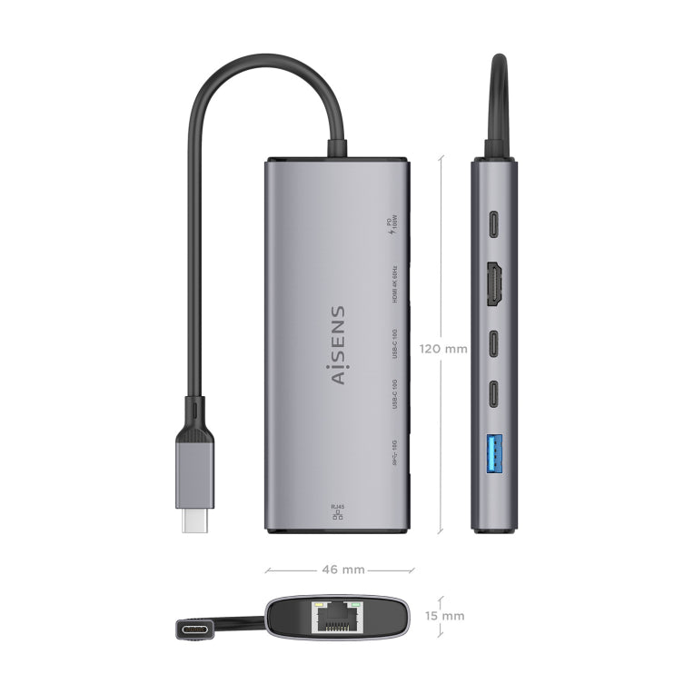 AISENS USB-C Dock 6 en 1. USB-C a 1xHDMI. 1xRJ45. 1xUSB-A 10G. 2xUSB-C 10G. 1xUSB-C PD. Gris. 20cm