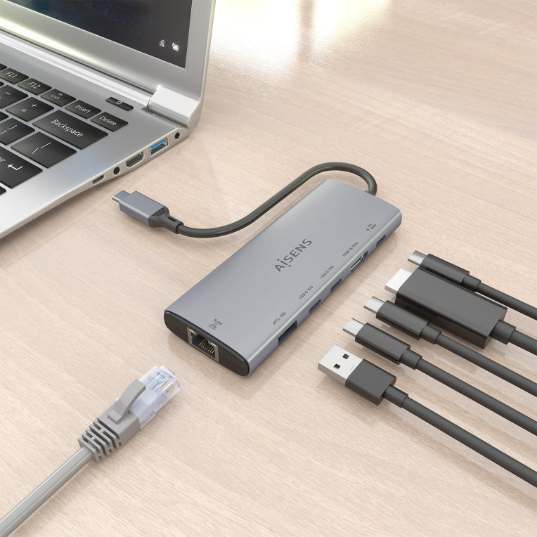 Base de conexión USB-C AISENS 6 en 1. USB-C a 1xHDMI. 1xRJ45. 1xUSB-A 10G. 2xUSB-C 10G. 1xUSB-C PD. Gris. 20 cm