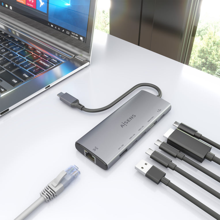 Base de conexión USB-C AISENS 6 en 1. USB-C a 1xHDMI. 1xRJ45. 1xUSB-A 10G. 2xUSB-C 10G. 1xUSB-C PD. Gris. 20 cm