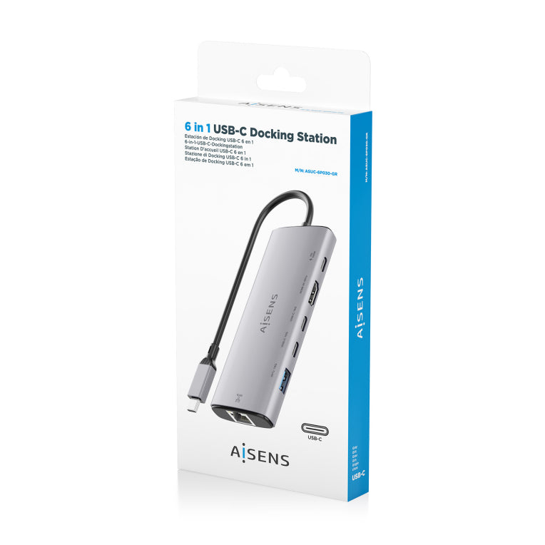 Base de conexión USB-C AISENS 6 en 1. USB-C a 1xHDMI. 1xRJ45. 1xUSB-A 10G. 2xUSB-C 10G. 1xUSB-C PD. Gris. 20 cm