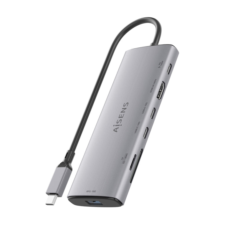 AISENS USB-C Dock 7 en 1. USB-C a 1xHDMI. 1xUSB-A 10G. 2xUSB-C 10G. 1xSD. 1xMicroSD. 1xUSB-C PD 100W. Gris. 20cm
