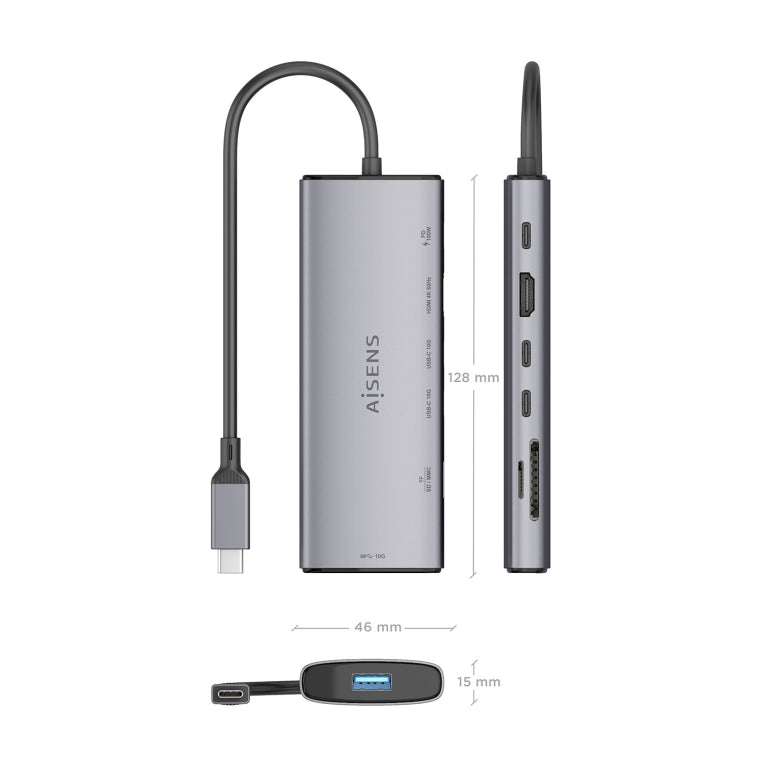 Base de conexión USB-C AISENS 7 en 1. USB-C a 1 HDMI. 1 USB-A 10G. 2 USB-C 10G. 1 SD. 1 MicroSD. 1 USB-C PD 100 W. Gris. 20 cm