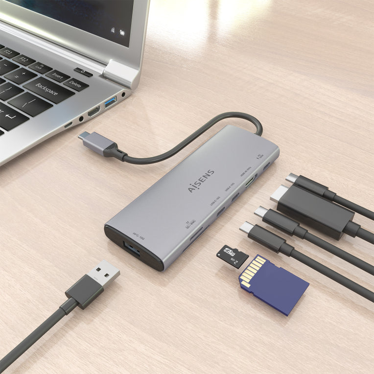 Base de conexión USB-C AISENS 7 en 1. USB-C a 1 HDMI. 1 USB-A 10G. 2 USB-C 10G. 1 SD. 1 MicroSD. 1 USB-C PD 100 W. Gris. 20 cm