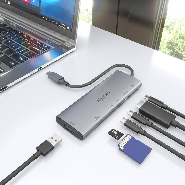 Base de conexión USB-C AISENS 7 en 1. USB-C a 1 HDMI. 1 USB-A 10G. 2 USB-C 10G. 1 SD. 1 MicroSD. 1 USB-C PD 100 W. Gris. 20 cm