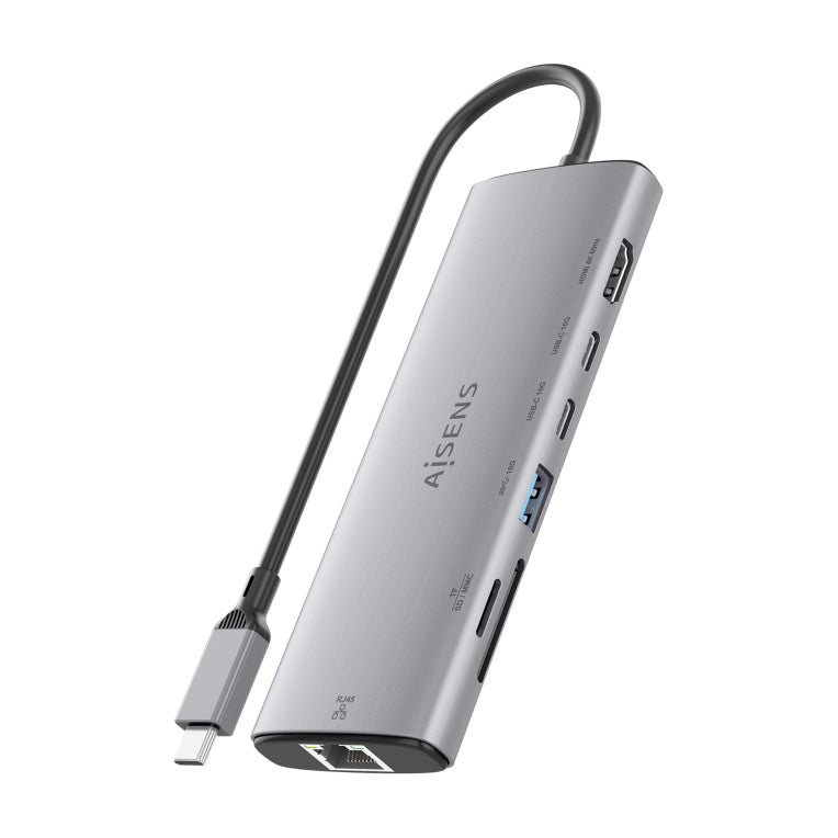 Base de conexión USB-C AISENS 7 en 1. USB-C a 1xHDMI. 1xRJ45. 1xUSB-A 10G. 2xUSB-C 10G. 1xSD. 1xMicroSD. Gris. 20 cm