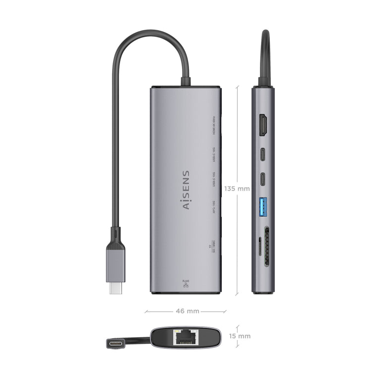 Base de conexión USB-C AISENS 7 en 1. USB-C a 1xHDMI. 1xRJ45. 1xUSB-A 10G. 2xUSB-C 10G. 1xSD. 1xMicroSD. Gris. 20 cm