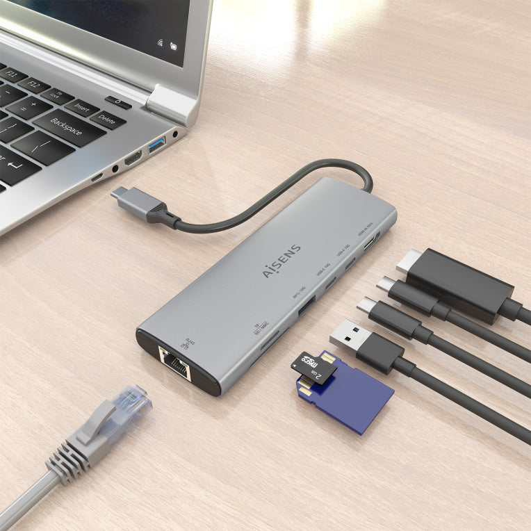 Base de conexión USB-C AISENS 7 en 1. USB-C a 1xHDMI. 1xRJ45. 1xUSB-A 10G. 2xUSB-C 10G. 1xSD. 1xMicroSD. Gris. 20 cm