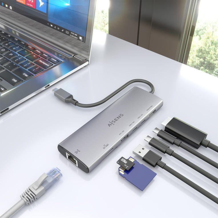 Base de conexión USB-C AISENS 7 en 1. USB-C a 1xHDMI. 1xRJ45. 1xUSB-A 10G. 2xUSB-C 10G. 1xSD. 1xMicroSD. Gris. 20 cm