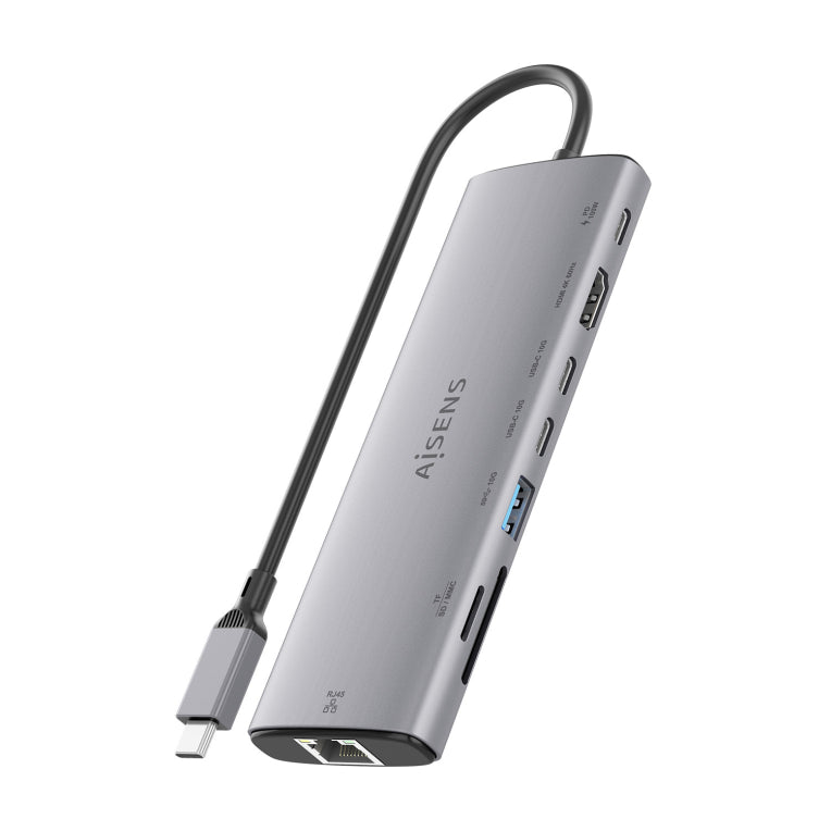 AISENS USB-C Dock 8 en 1. USB-C a 1xHDMI. 1xRJ45. 1xUSB-A 10G. 2xUSB-C 10G. 1xSD. 1xMicroSD. 1xUSB-C PD 100W. Gris. 20cm
