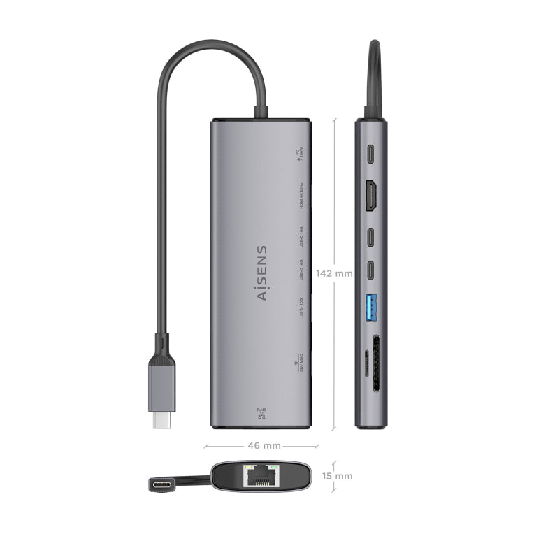 Base de conexión USB-C AISENS 8 en 1. USB-C a 1xHDMI. 1xRJ45. 1xUSB-A 10G. 2xUSB-C 10G. 1xSD. 1xMicroSD. 1xUSB-C PD 100W. Gris. 20 cm