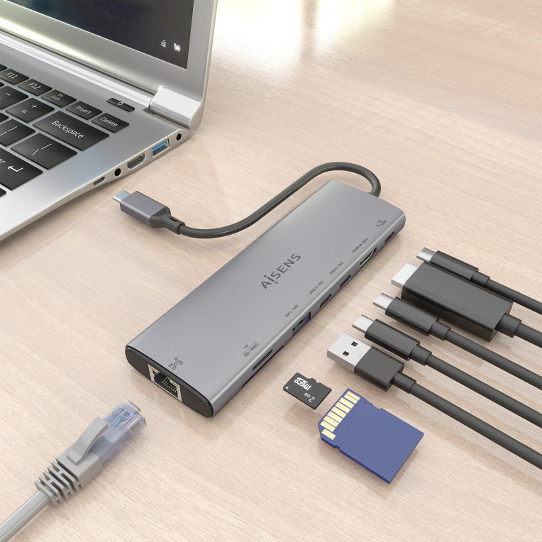 Base de conexión USB-C AISENS 8 en 1. USB-C a 1xHDMI. 1xRJ45. 1xUSB-A 10G. 2xUSB-C 10G. 1xSD. 1xMicroSD. 1xUSB-C PD 100W. Gris. 20 cm