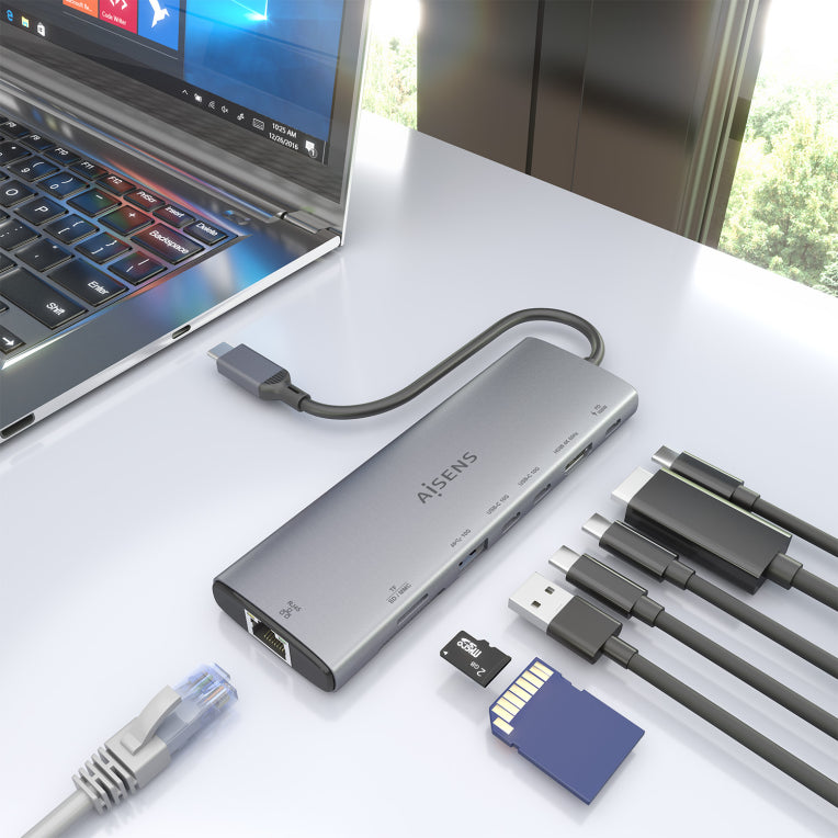 Base de conexión USB-C AISENS 8 en 1. USB-C a 1xHDMI. 1xRJ45. 1xUSB-A 10G. 2xUSB-C 10G. 1xSD. 1xMicroSD. 1xUSB-C PD 100W. Gris. 20 cm