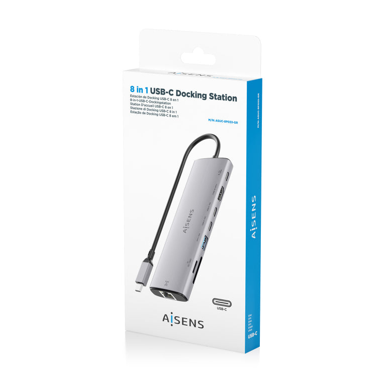 Base de conexión USB-C AISENS 8 en 1. USB-C a 1xHDMI. 1xRJ45. 1xUSB-A 10G. 2xUSB-C 10G. 1xSD. 1xMicroSD. 1xUSB-C PD 100W. Gris. 20 cm