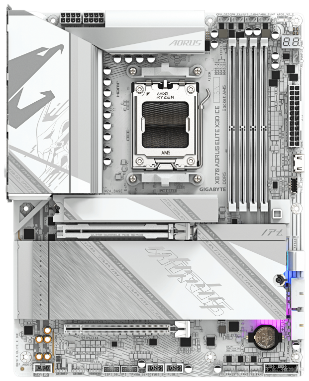 GIGABYTE X870 AORUS ELITE X3D ICE Placa Base - Compatible con procesadores AMD Ryzen 9000. VRM digital de 16+2+2 fases. hasta 9000Hz DDR5 (OC). 2xPCIe 5.0 + 2xPCIe 4.0. Wi-Fi 7. LAN 2.5GbE. USB 4 - detalle