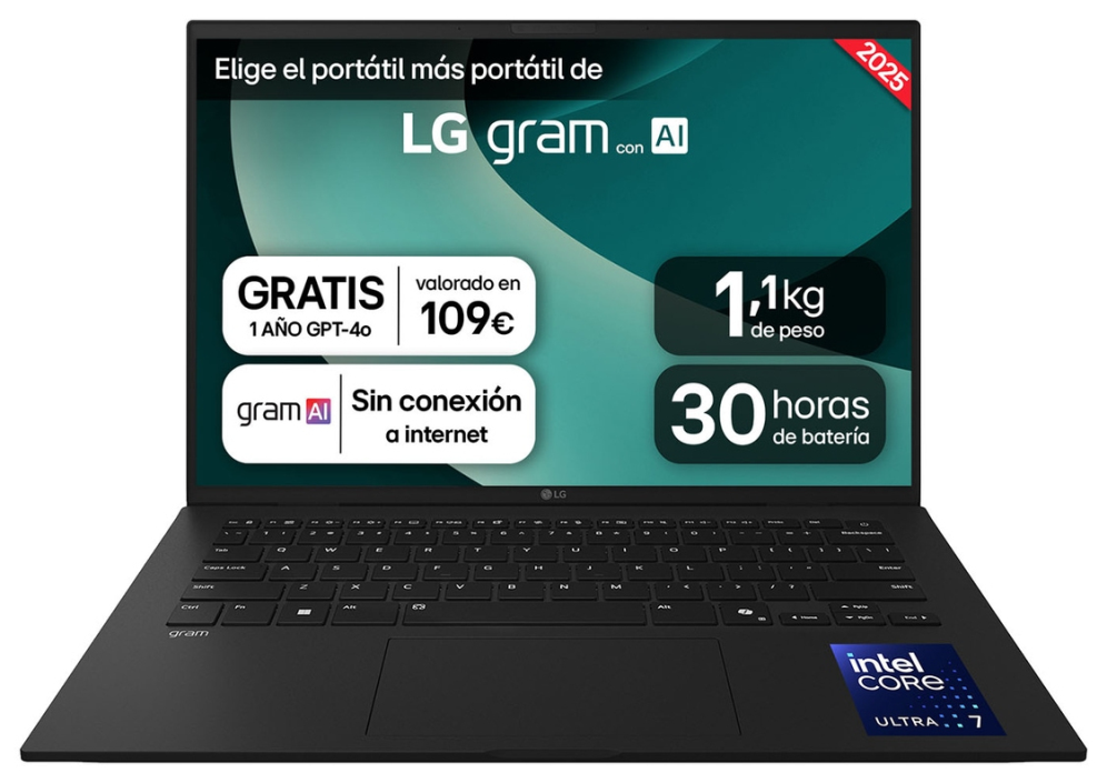 LG Gram 14Z90T-G.AD8BB ordenador portatil Intel Core Ultra 7 255H Portátil 35.6 cm (14") WUXGA 32 GB LPDDR5x-SDRAM 2 TB SSD Wi-Fi 6E (802.11ax) Windows 11 Home Español Negro - detalle