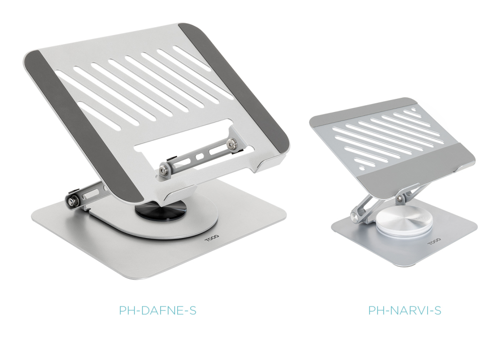 TooQ Soporte de Sobremesa con rotación 360° y ajustable para dispositivos de hasta 13”. Color Plata - detalle