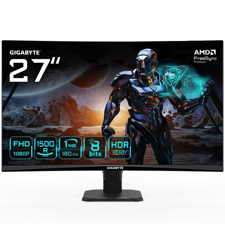 Monitor curvo para xogos GIGABYTE GS27FC de 27 polgadas FHD: 1920 x 1080, 180 Hz, 1 ms, 250 cd/m², FreeSync Premium, compatible con HDR, HDMI 2.0, DisplayPort 1.4