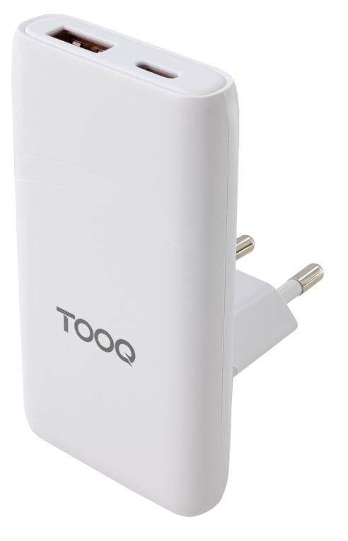 TooQ Cargador de viaje Tipo C y Tipo A. GaN 65W. USB-C/PD + USB-A/QC. Blanco