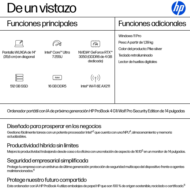 HP ProBook 4 G1i AI Wolf Pro Security Edition Intel Core Ultra 7 255U Portátil 35.6 cm (14") WUXGA 16 GB DDR5-SDRAM 512 GB SSD Wi-Fi 6E (802.11ax) Windows 11 Pro AI PC Plata - detalle