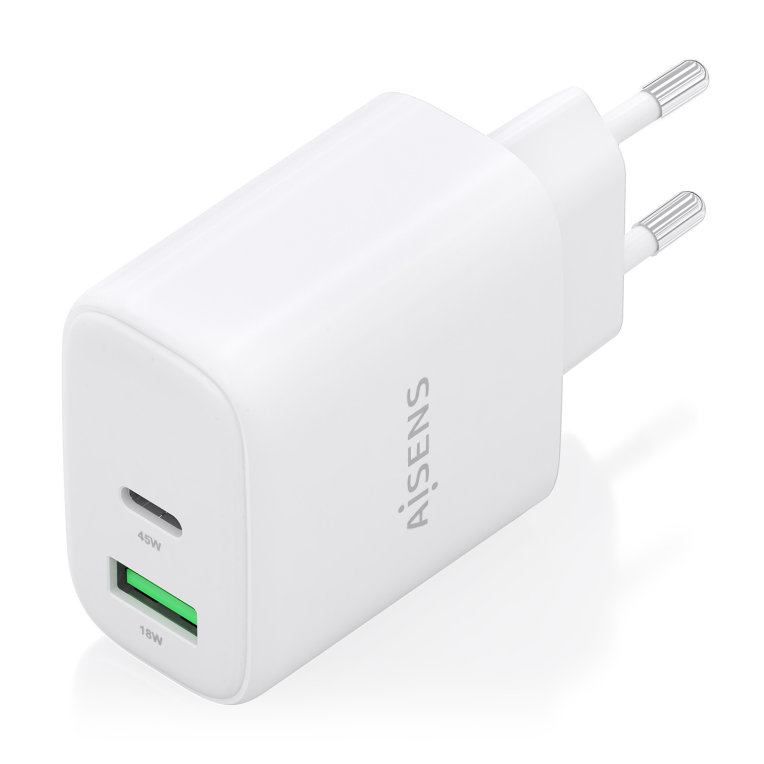 AISENS Cargador GaN 45W. 1xUSB-C PD3.0 QC4.0. 1xUSB-A QC3.0. Blanco - detalle