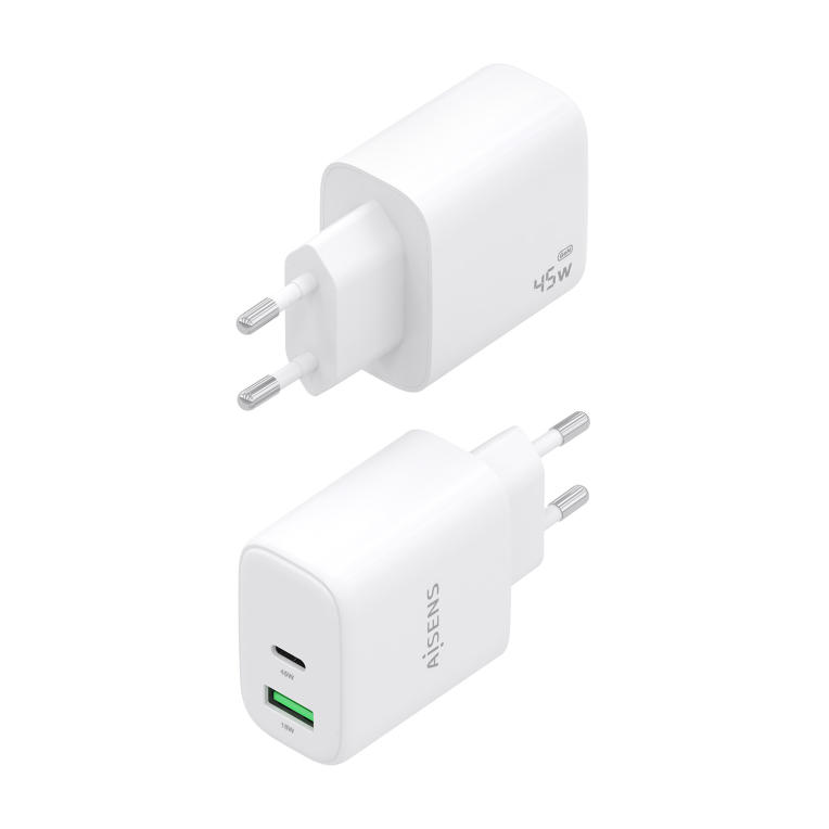 AISENS Cargador GaN 45W. 1xUSB-C PD3.0 QC4.0. 1xUSB-A QC3.0. Blanco - detalle