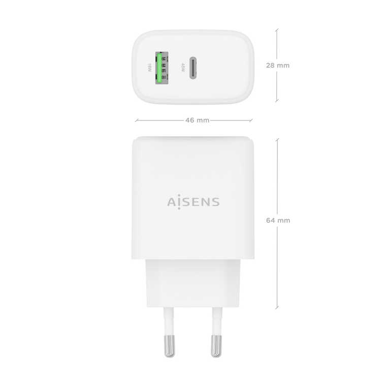 AISENS Cargador GaN 45W. 1xUSB-C PD3.0 QC4.0. 1xUSB-A QC3.0. Blanco - detalle