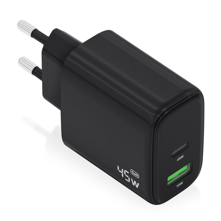 AISENS Cargador GaN 45W. 1xUSB-C PD3.0 QC4.0. 1xUSB-A QC3.0. Negro - detalle