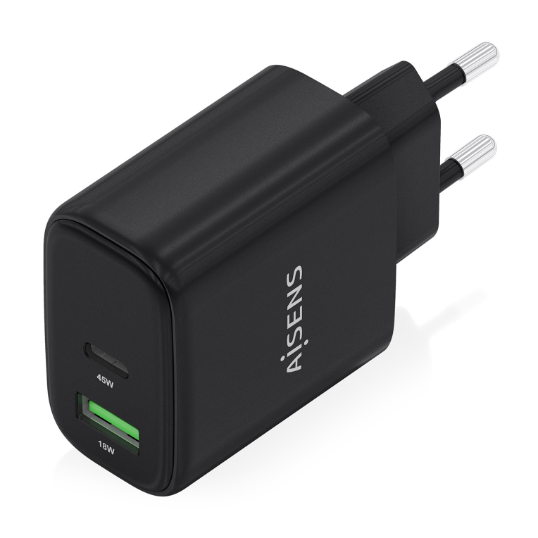 AISENS Cargador GaN 45W. 1xUSB-C PD3.0 QC4.0. 1xUSB-A QC3.0. Negro - detalle