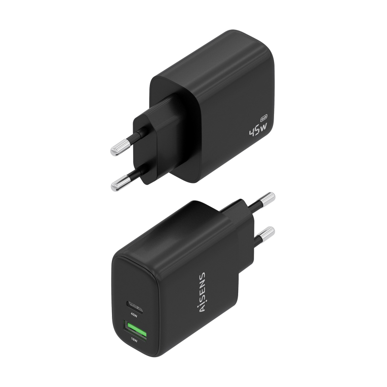 AISENS Cargador GaN 45W. 1xUSB-C PD3.0 QC4.0. 1xUSB-A QC3.0. Negro - detalle