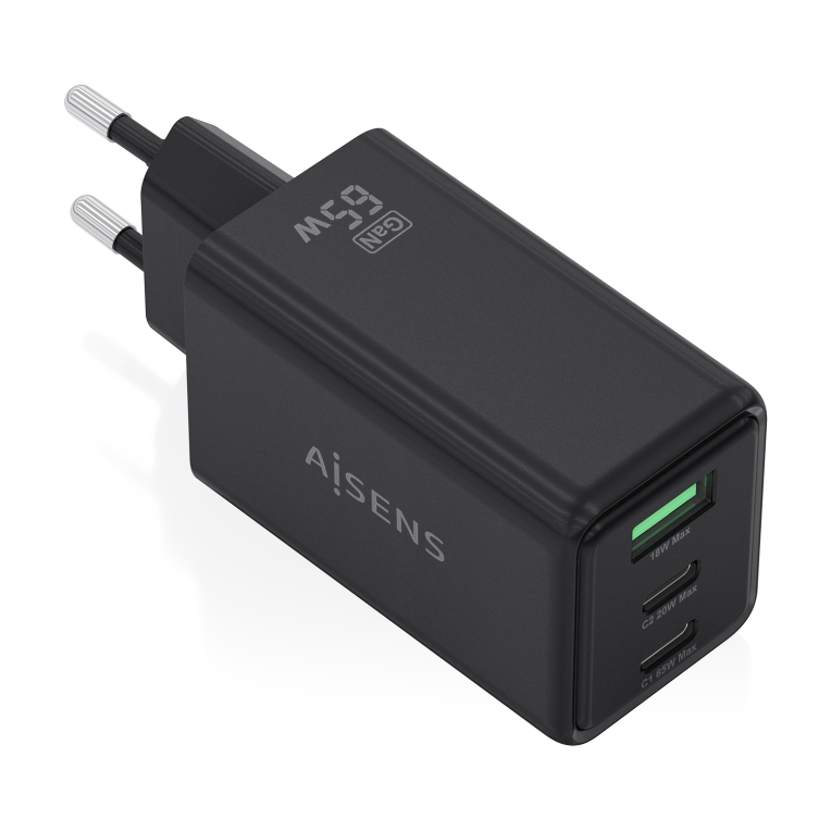 AISENS Cargador GaN 65W. 2xUSB-C PD3.0 QC4.0. 1xUSB-A QC3.0. Negro - detalle