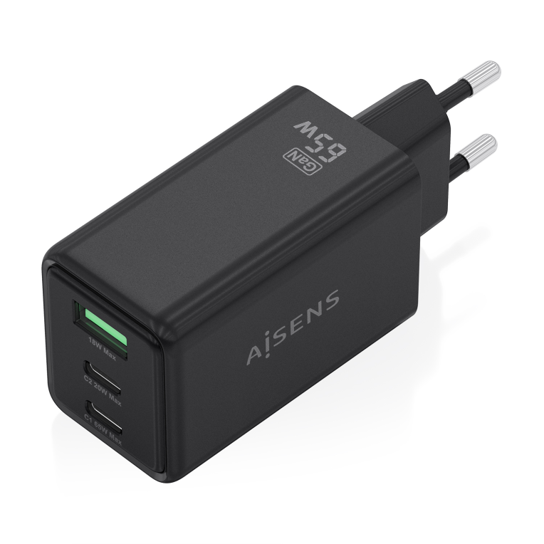 AISENS Cargador GaN 65W. 2xUSB-C PD3.0 QC4.0. 1xUSB-A QC3.0. Negro - detalle