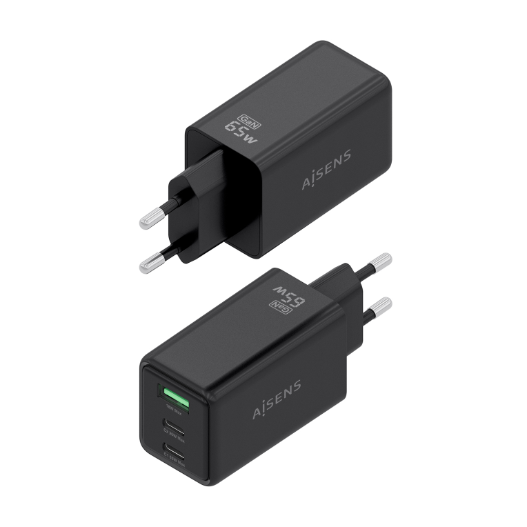 AISENS Cargador GaN 65W. 2xUSB-C PD3.0 QC4.0. 1xUSB-A QC3.0. Negro - detalle